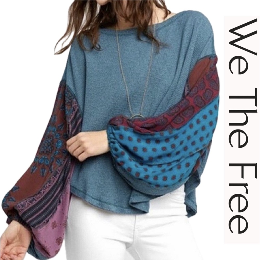 Free People We The Free Teal Blossom Balloon Sleeve Boho Long Sleeve Thermal M